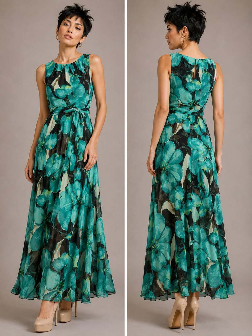 J Howard Sleeveless Floral Print Chiffon Maxi Dress with Tie Waist
24JC